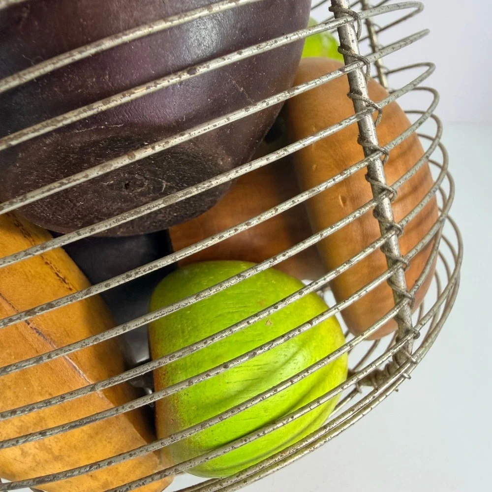 French egg wire basket with wooden fruits vintage primitive decor fruit basket